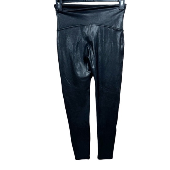 SPANX Black Metallic Sleek Faux Vegan Leather Compression High Waist Leggings L - Picture 9 of 16
